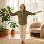 Confident woman balancing Mental and Physical Health in a sunlit room