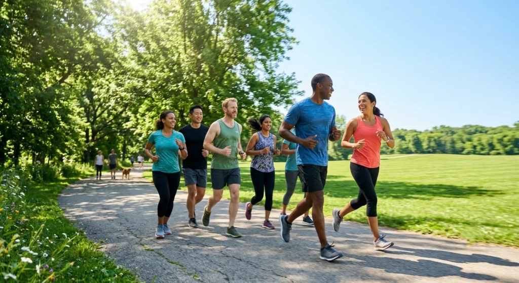 Group of adults jogging together in a sunny park