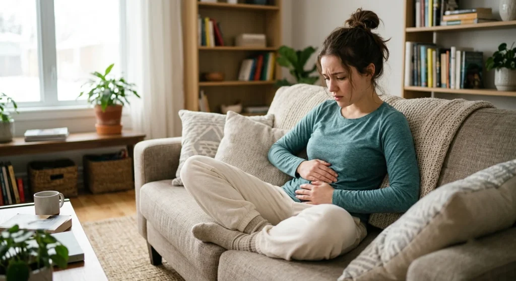 Woman holding stomach with worried expression on couch