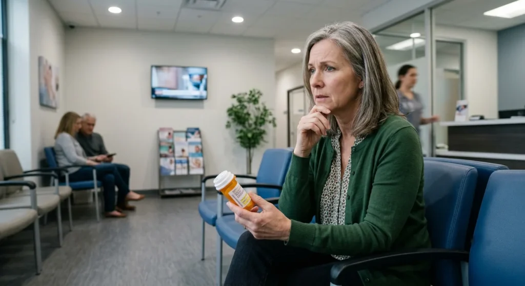 Middle-aged woman holding prescription bottle in clinic waiting room
