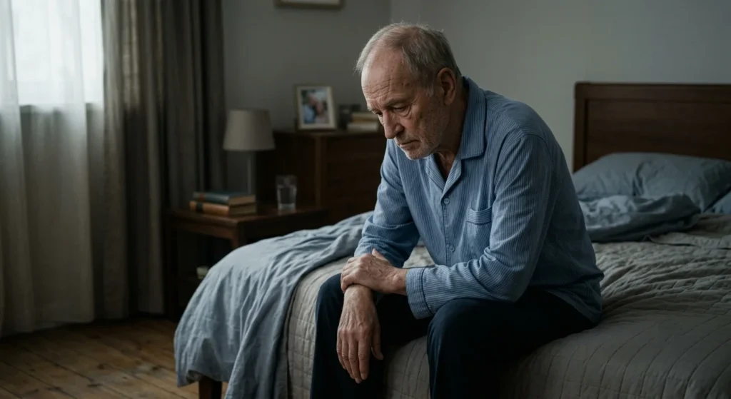 Elderly man sitting on bed looking sad and tired