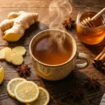 Ginger Tea Benefits with fresh ingredients including ginger root, lemon, honey, cinnamon, and star anise on a dark wooden table.