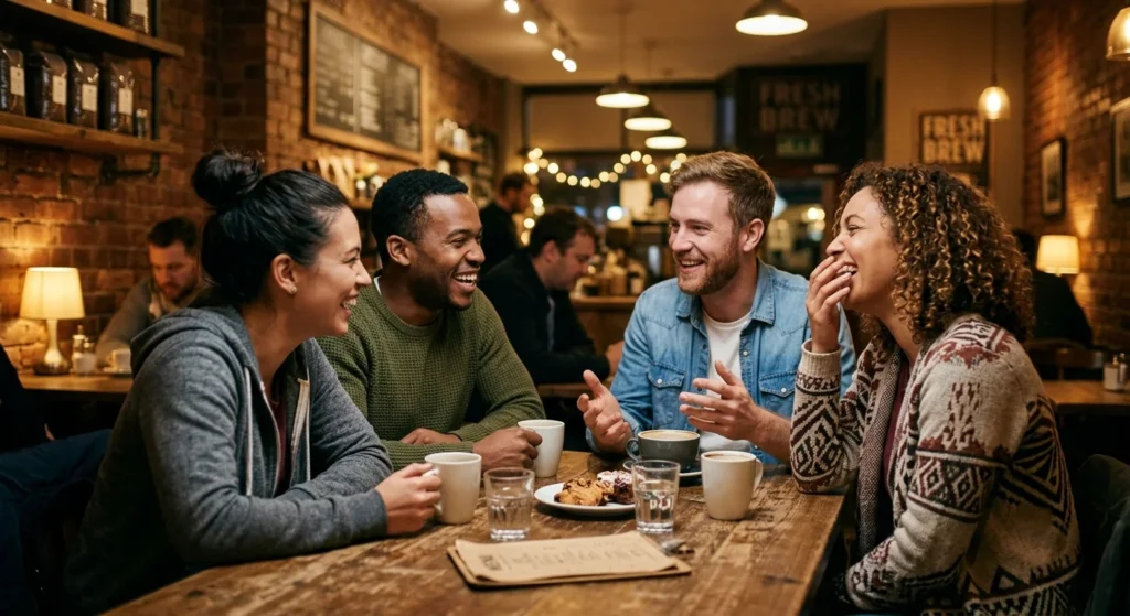 Group of friends laughing together at a coffee shop