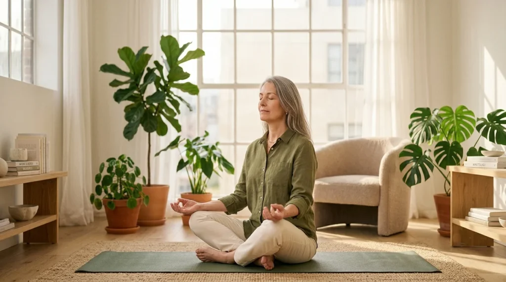 Woman meditating in sunlit room for mind-body wellness Mental and Physical Health