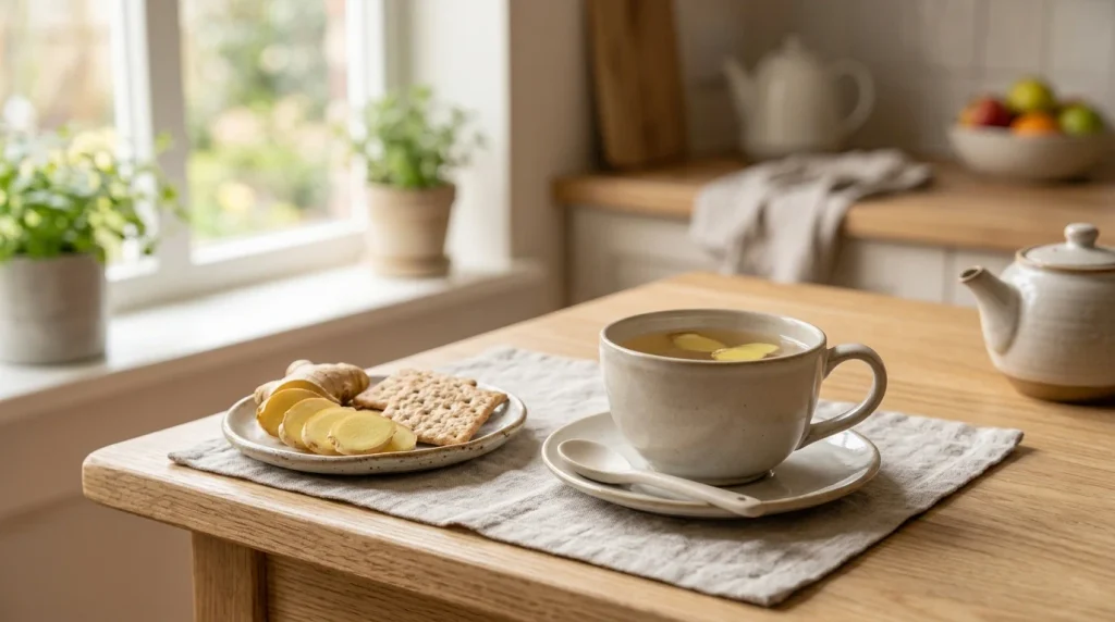 Cup of ginger tea with fresh ginger slices and plain crackers