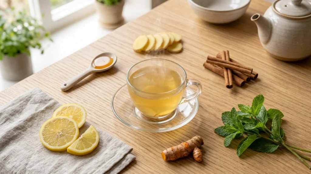 Ginger tea with lemon, mint, cinnamon, honey and turmeric