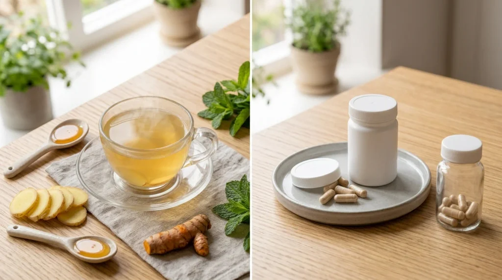 Cup of ginger tea beside generic ginger supplement capsules