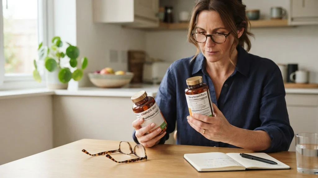 Person comparing multivitamin labels before choosing a supplement