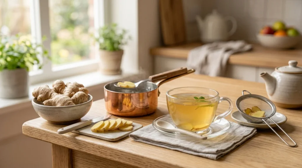 Fresh ginger slices, saucepan, strainer and homemade ginger tea