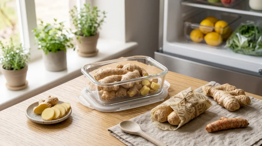 Fresh ginger root stored in a clean container for later use