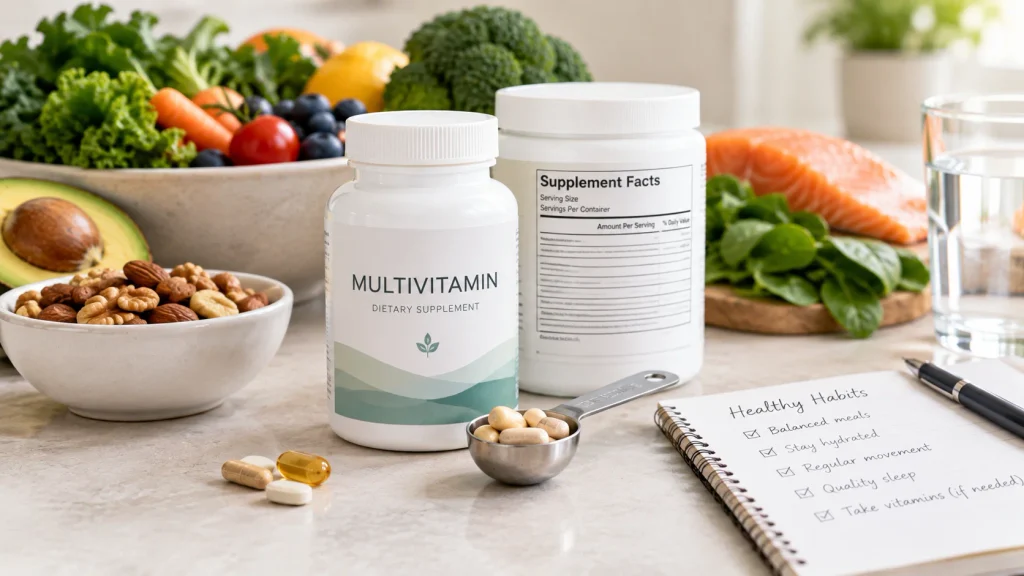 Multivitamin bottle and supplement label illustrating careful supplement use