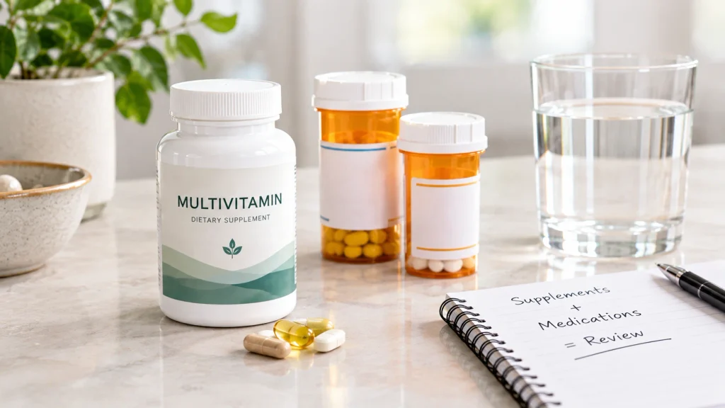 Multivitamin supplements beside medications to illustrate possible interactions