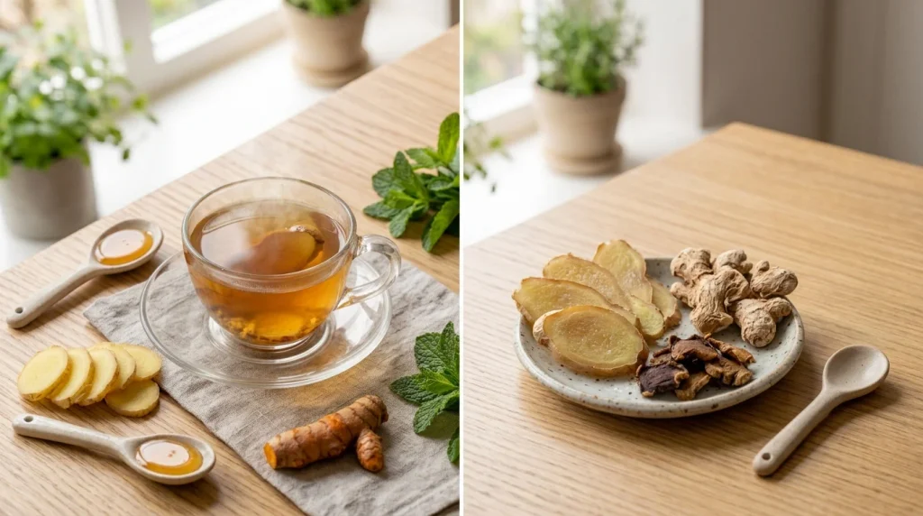 Strongly brewed ginger tea with extra fresh ginger slices