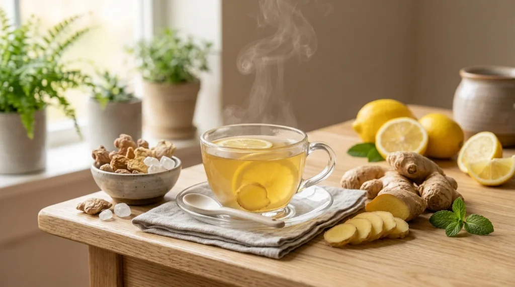 Warm cup of ginger tea surrounded by fresh ginger slices and lemon