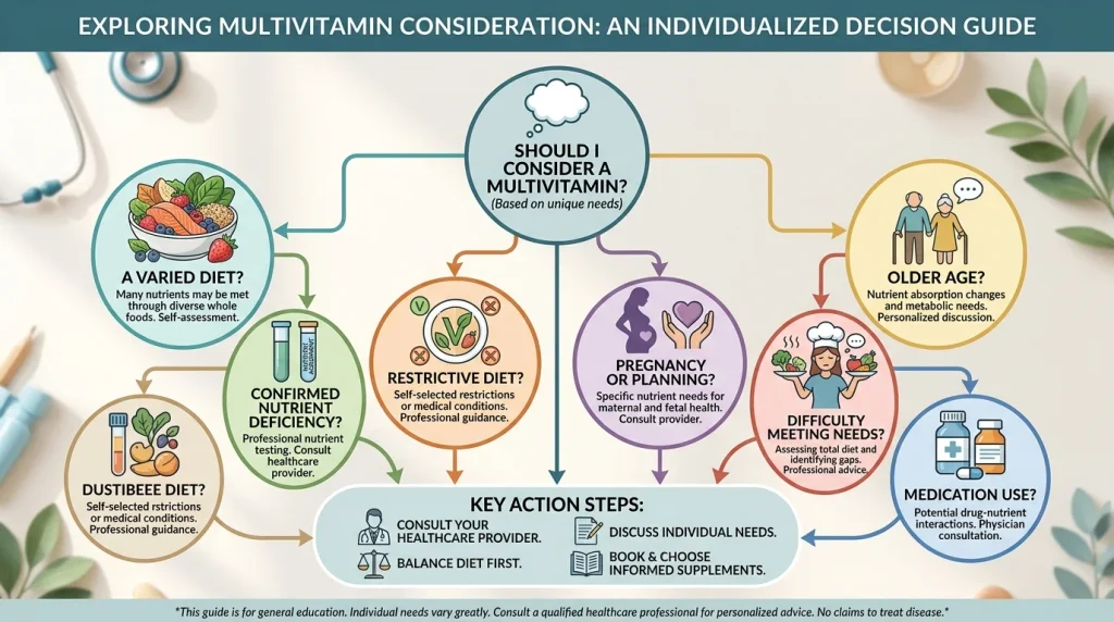 Decision guide showing factors to consider before taking a multivitamin
