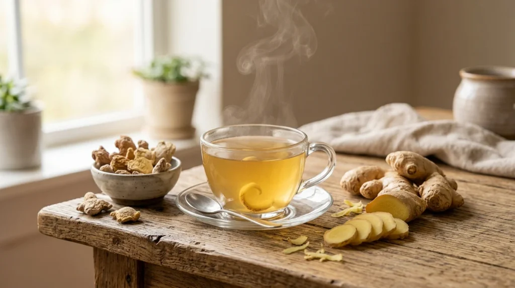 Fresh ginger slices and a cup of golden ginger tea