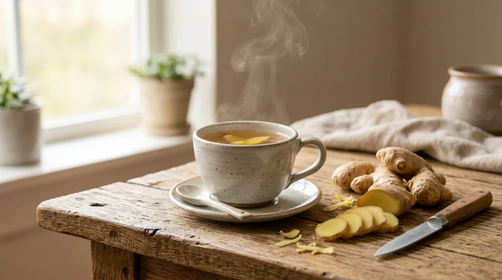 Ginger tea benefits with a cup of homemade ginger tea and fresh ginger