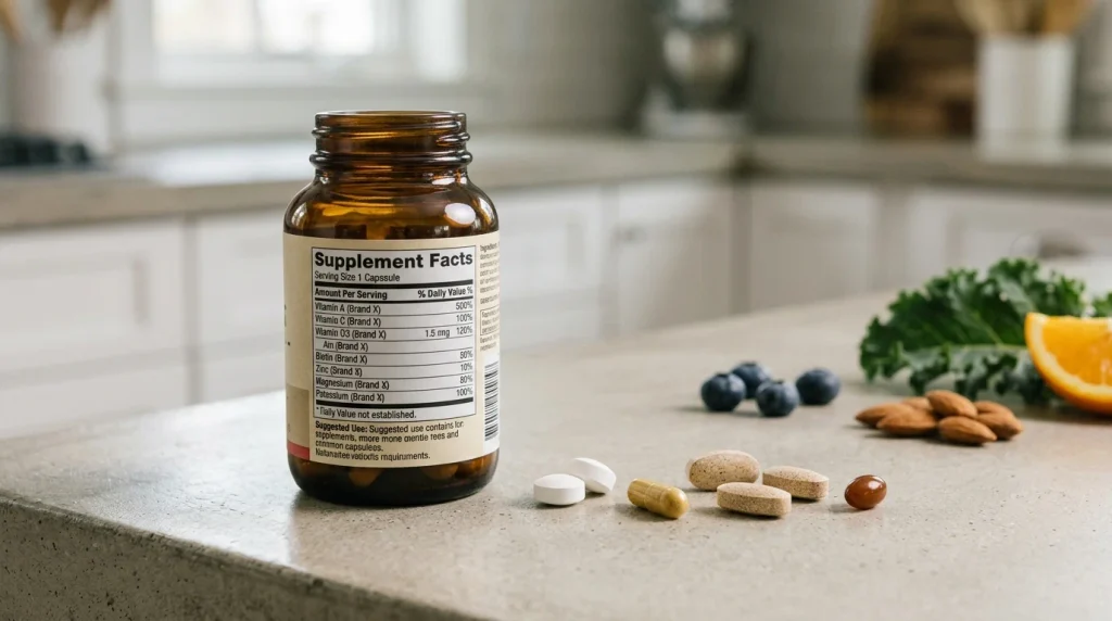 Multivitamin bottle with different vitamin and mineral supplements