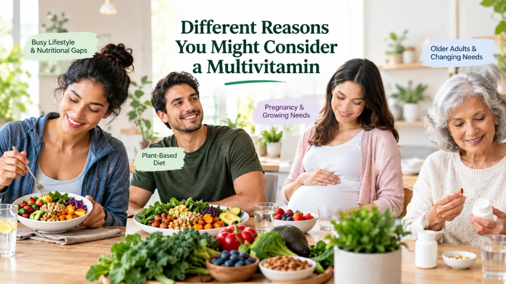 Different adults considering whether a multivitamin fits their nutritional needs