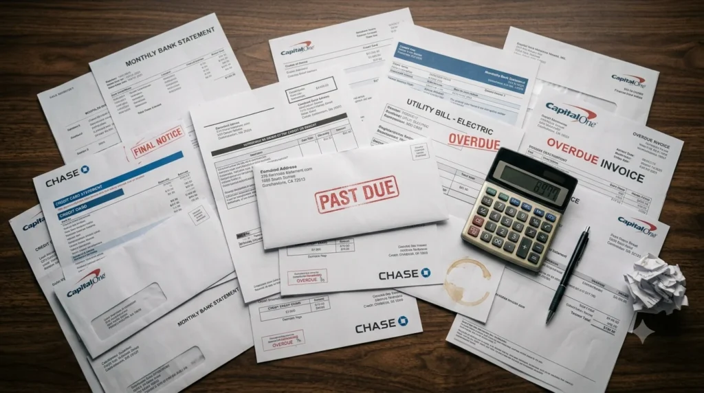 Pile of unpaid bills and credit card statements on a wooden desk