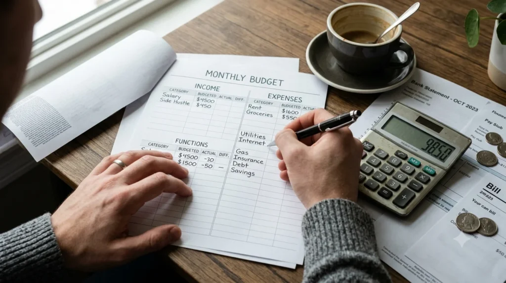 Person creating a realistic budget to manage financial stress