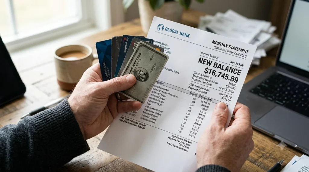 Person struggling with credit card debt and financial stress
