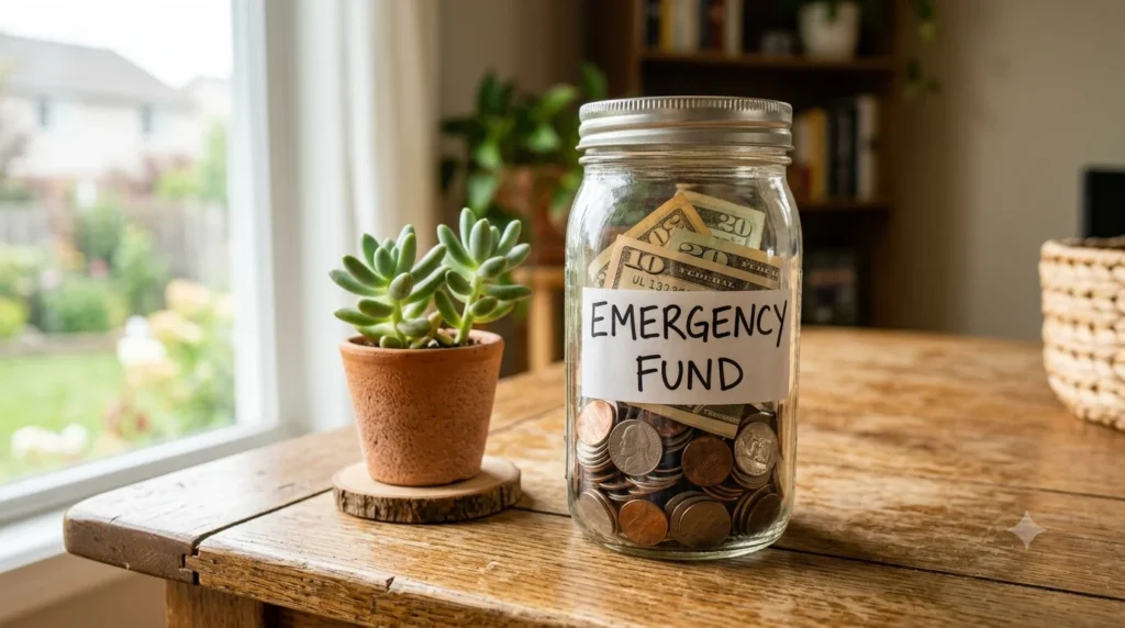 Emergency savings jar with coins for financial security