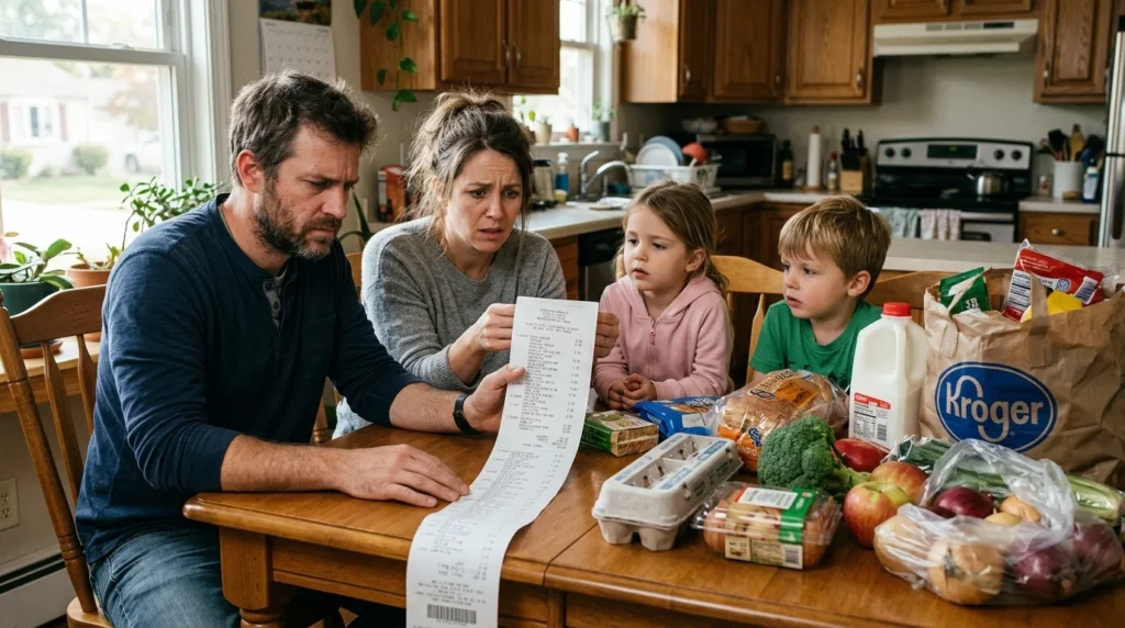 Family stressed about grocery costs and rising expenses