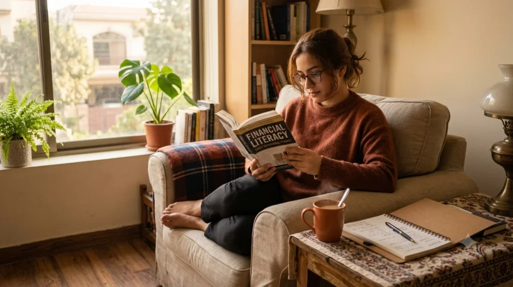 Person reading a personal finance book to improve financial literacy