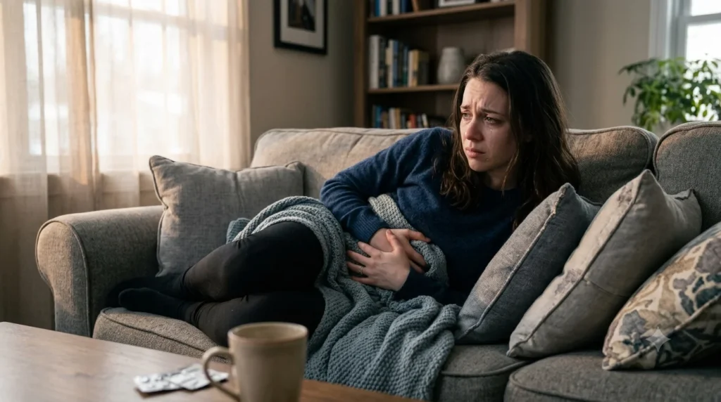 Person experiencing digestive problems and stomach pain from financial stress