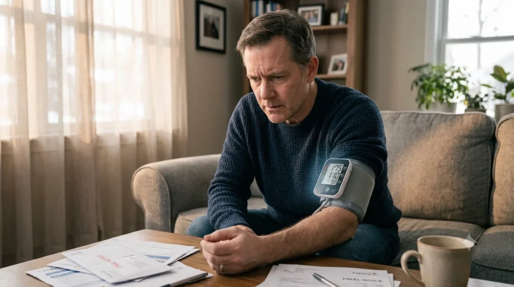 Man checking blood pressure due to financial stress effects on heart health