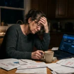 Woman sitting at table with bills and laptop, showing signs of financial stress and worry Financial Stress and Mental Health