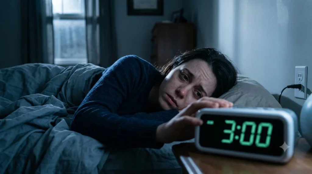 Person unable to sleep due to financial stress looking at clock at night