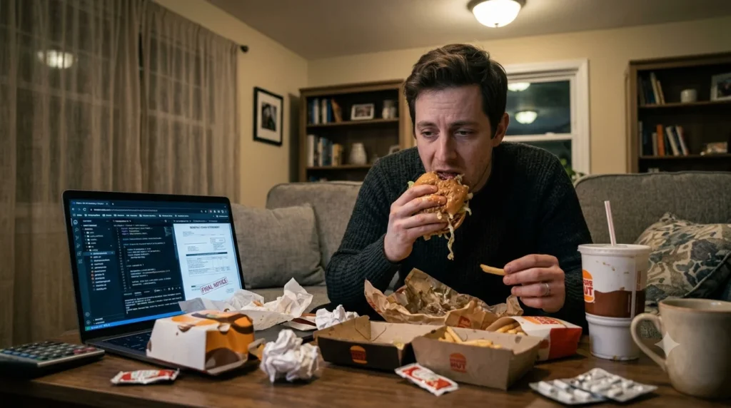 Stressed person eating unhealthy fast food due to financial stress