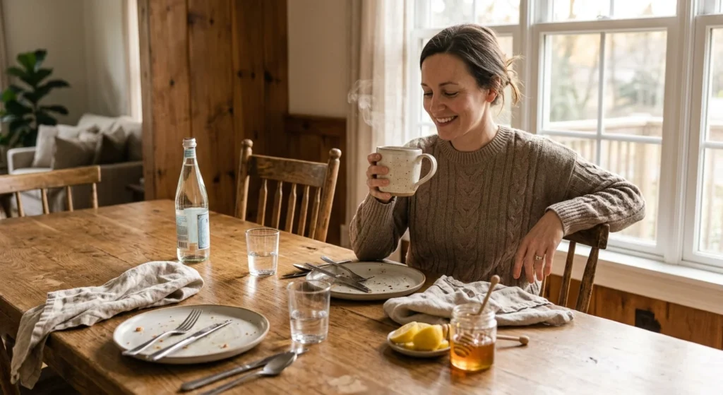 Person drinking ginger tea after a meal at a dining table with empty plates and cutlery.
