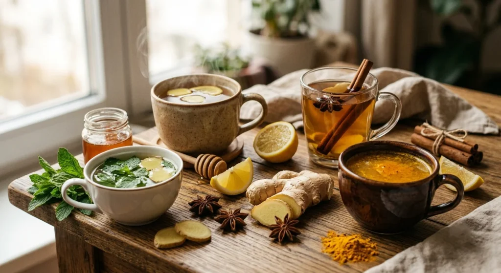 Four variations of ginger tea with lemon-honey, cinnamon-star anise, mint, and turmeric flavors.
