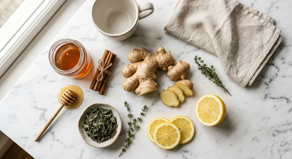 Flat lay of ginger tea ingredients including fresh ginger root, lemon slices, raw honey, cinnamon sticks, and dried mint leaves on a white marble surface.