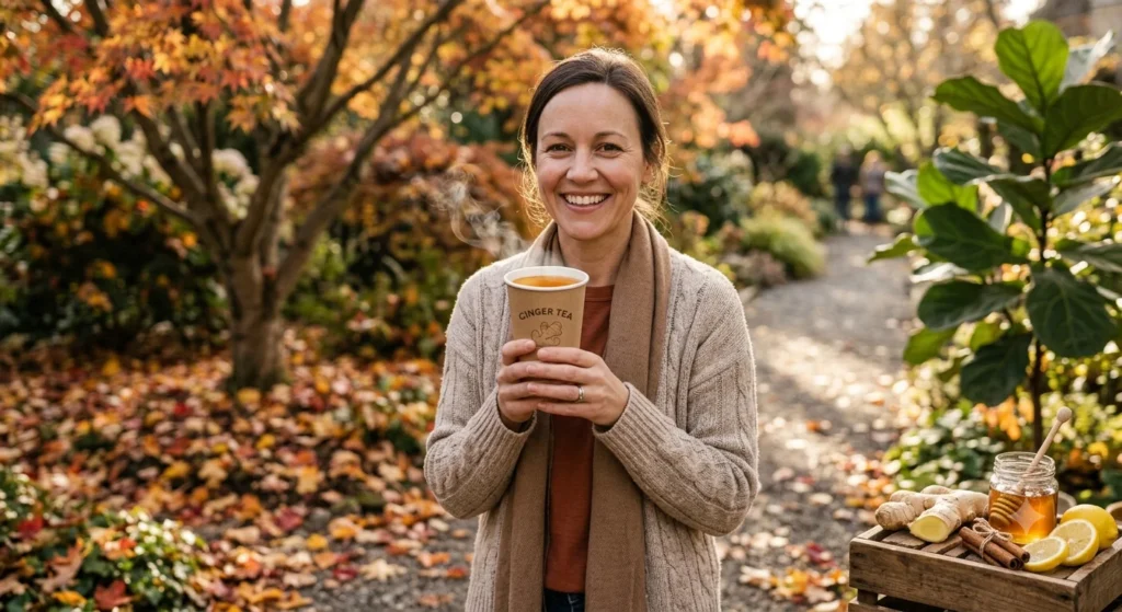 Happy woman walking in an autumn park holding a takeaway cup of ginger tea.
