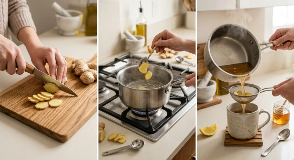 Step-by-step process of making homemade ginger tea with fresh ginger root slices in a saucepan.