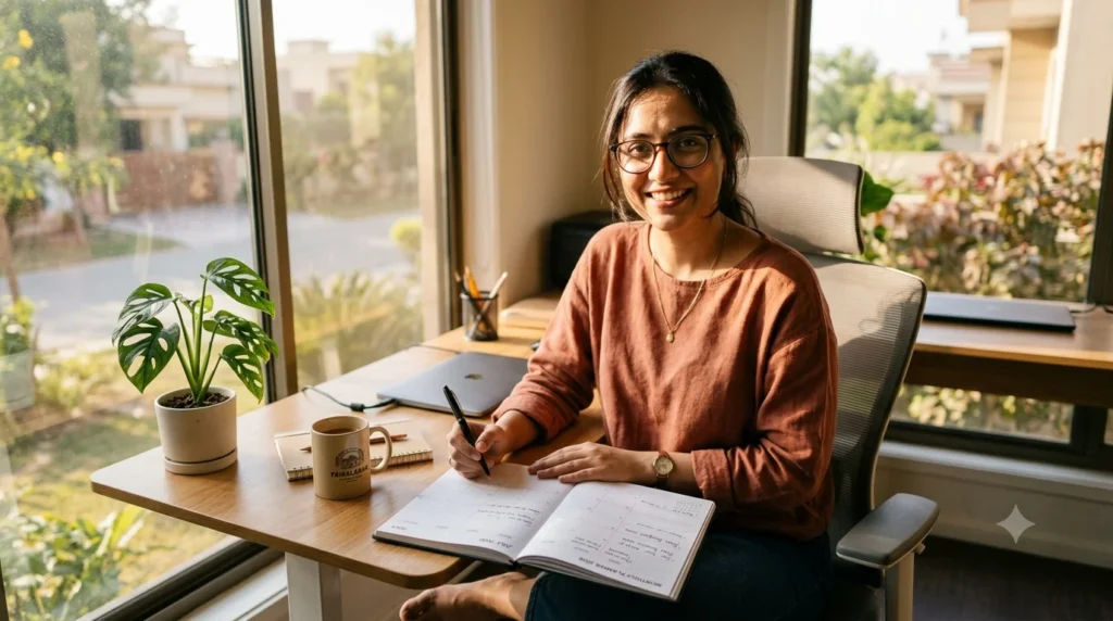 Hopeful person planning future and overcoming financial stress