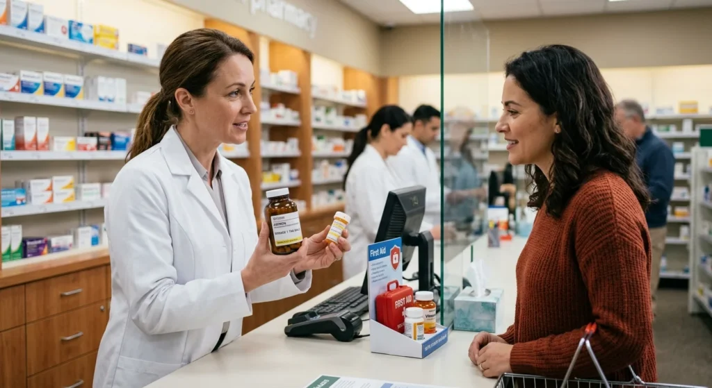 Person consulting with a pharmacist about ginger tea and potential medication interactions.