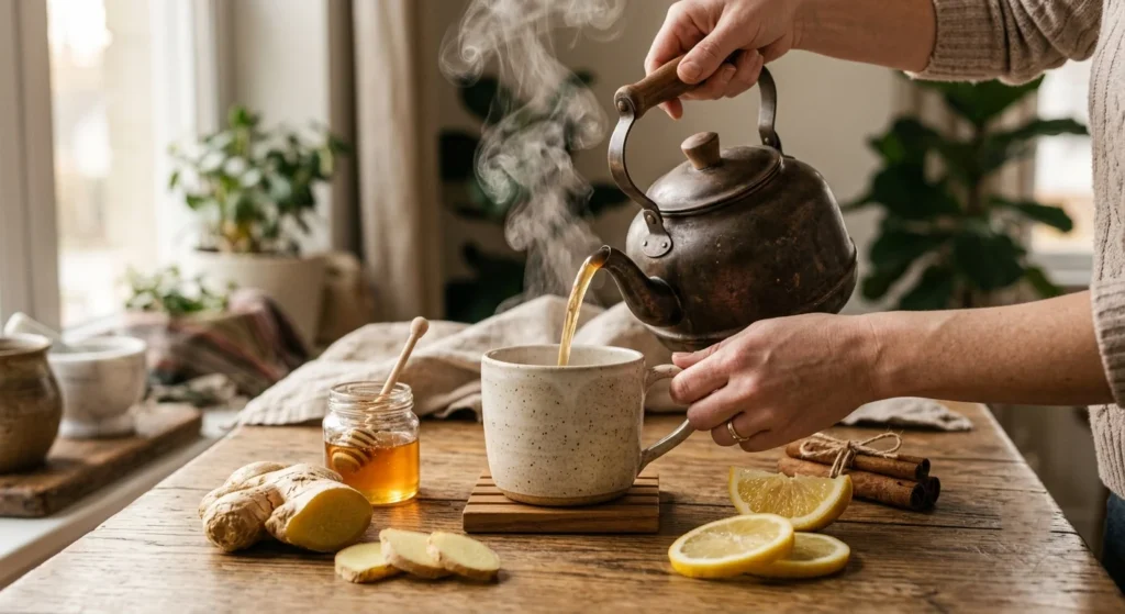 Pouring steaming freshly made ginger tea from a kettle into a ceramic cup.