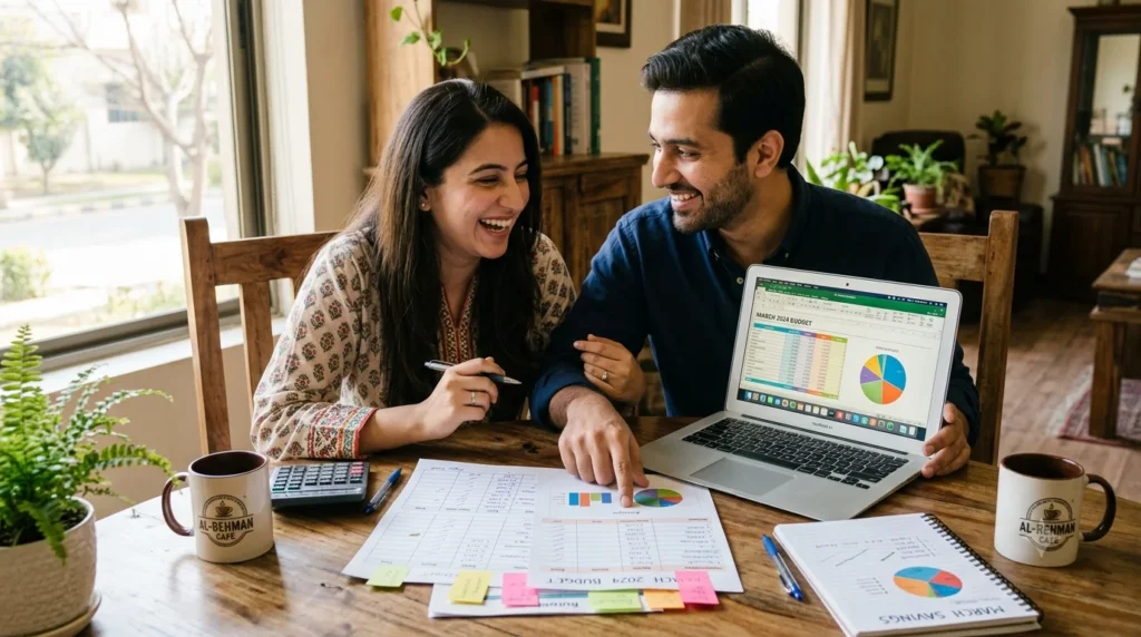 Couple reviewing monthly budget together to prevent financial stress
