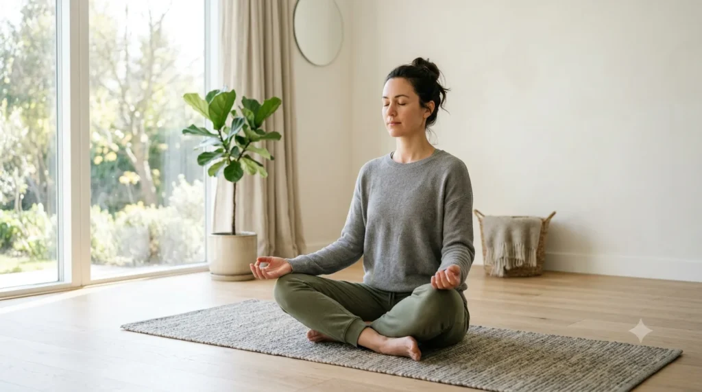 Person practicing meditation to reduce financial stress