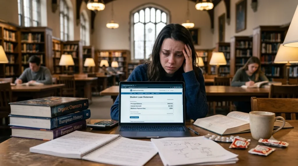 College student stressed about student loans and financial pressure