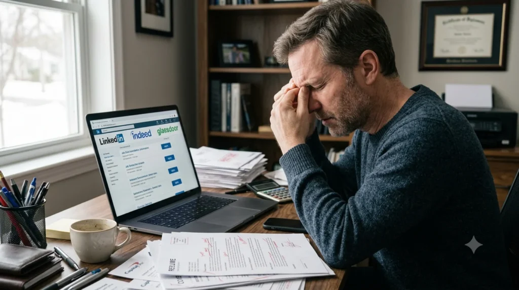 Frustrated job seeker looking at laptop during unemployment