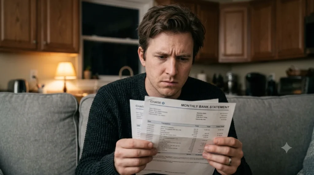 Young man looking worried while holding a bank statement