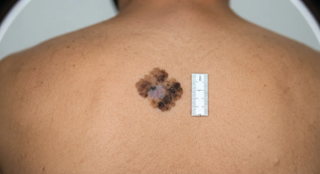Skin lesion showing asymmetry, irregular border, and uneven color for ABCDE evaluation