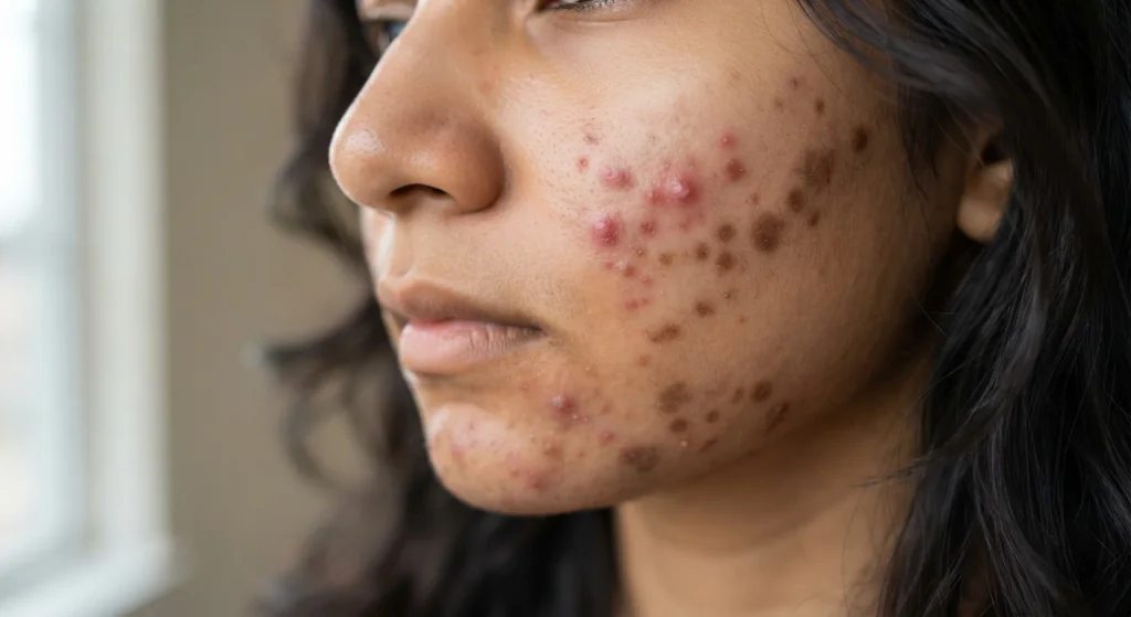 Skin showing active acne and post-inflammatory hyperpigmentation from inflammation