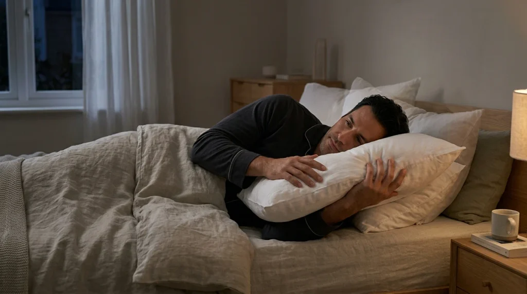 Person adjusting and folding a pillow while trying to find a comfortable sleeping position